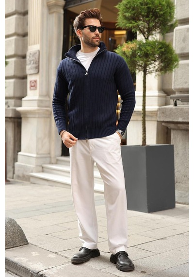 Madmext Lacivert Çift Fermuarlı Slim Fit Çizgili Erkek Triko Hırka E7522