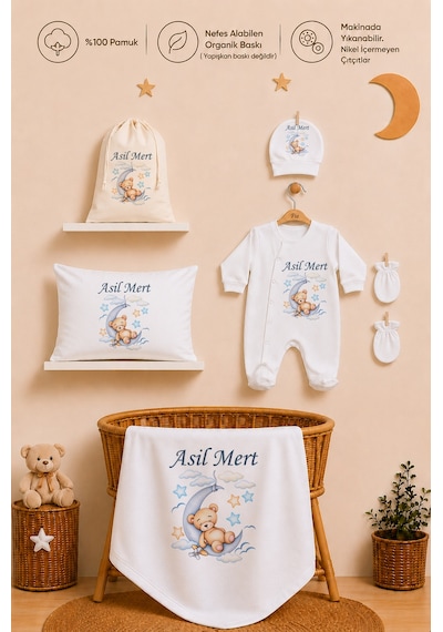 Pia Baby Erkek Bebek Hastane Çıkışı 6 Parça %100 Pamuk İsme Özel Kese Hediyeli Tulum Şapka Eldiven Seti 1020tybk0x Krem