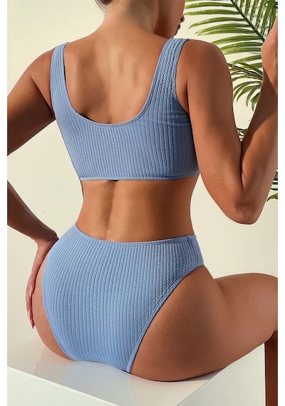 Angelsin Özel Fitilli Kumaş Yüksek Bel Bikini Altı Mavi