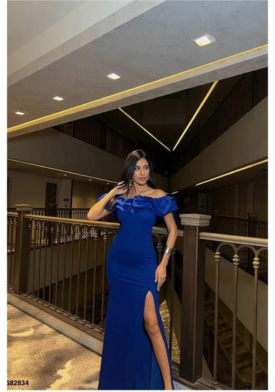 DefyModa Kadın Kare Yaka Yırtmaçlı Kısa Kollu Abiye Elbise Saks