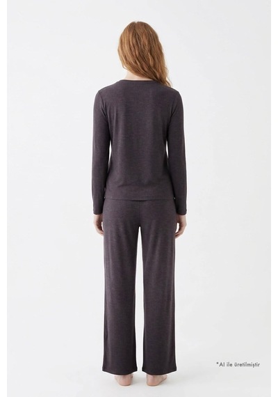 Cottonill Premium - Serene Collection Vizon Rib Dokulu Bol Paça V Yaka Viskon Kadın Pijama Takımı