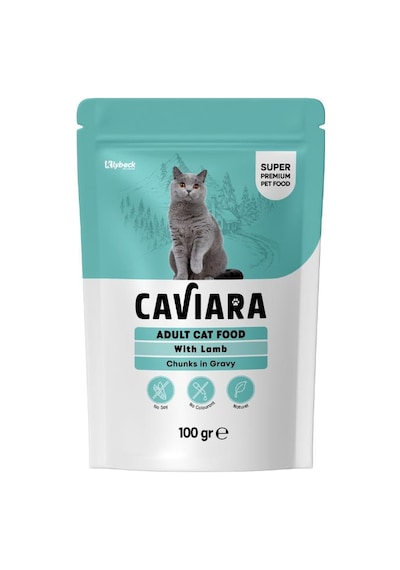 Caviara Pouch Sos İçinde Et Parçacıklı Kuzu Etli Yetişkin Kedi Konservesi 100 Gr