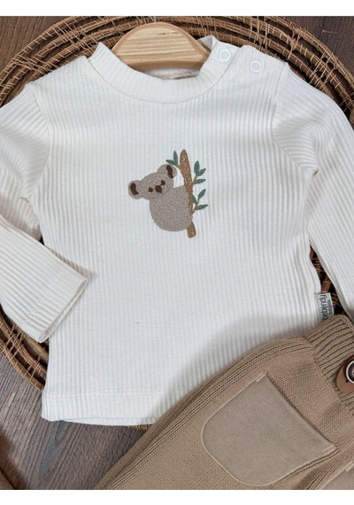 Bebicix Triko Askılı Koala Temalı Kaşkorse Esnek Badili Bereli Unisex Bebek Takım Sütlü Kahve
