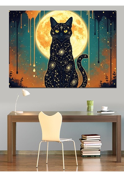 Ahşap Tablo Ay Işığında Yıldızlı Siyah Kedi Çocuk Odası Tabloları