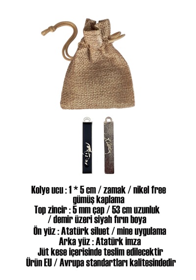 Atatürk Silüetli Siyah Mineli Dikdörtgen Kolye Atatürk İmza - Unisex Özel Tasarım Kolye 01 - Siyah