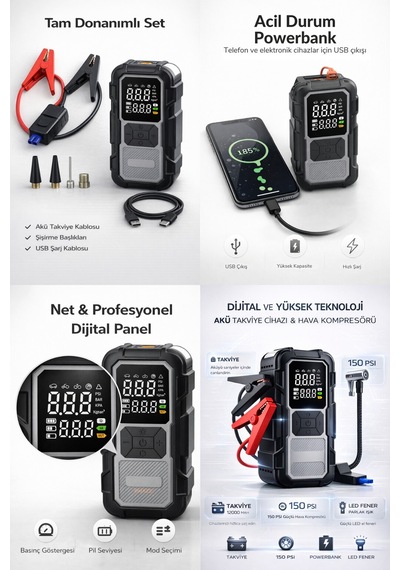 4 İn 1 1200mah Akü Takviye - Yüksek Güç - Lastik Şişirme Pompası - Powerbank - Led Işıklı - Dijital Gösterge - 868796021
