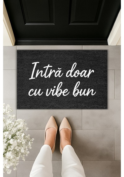 Rugmood Modern Dijital Baskı Intră Doar Cu Vibe Bun Yazılı Kapı Önü Paspası Siyah
