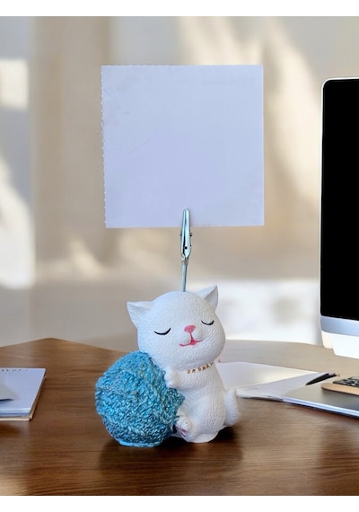 Mavi Sim Yumak Tutan Oturan Kawaii Kedi Temalı Not Tutacağı Fotoğraf Tutacak Tutucu Ofis Hediyelik Simli Mavi
