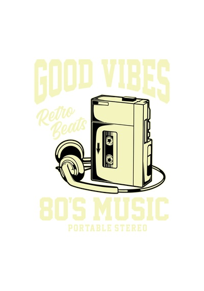 Paybuy Erkek Oversize Tişört Retro Müzik Teması Portable Stereo Baskısı Siyah
