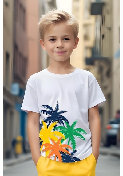 Fyk Kids Erkek Çocuk Palmiye Ağaç Baskılı Alt-üst Takım Sarı