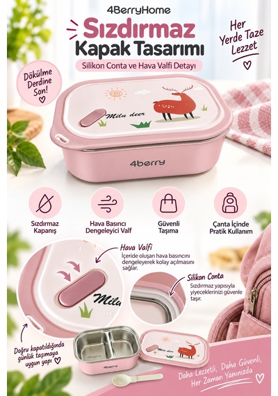 2 Bölmeli Yemek Termosu - Pembe Geyik Desenli Beslenme Kabı - 1000 Ml, Sızdırmaz, Kaşıklı, Paslanmaz Çelik