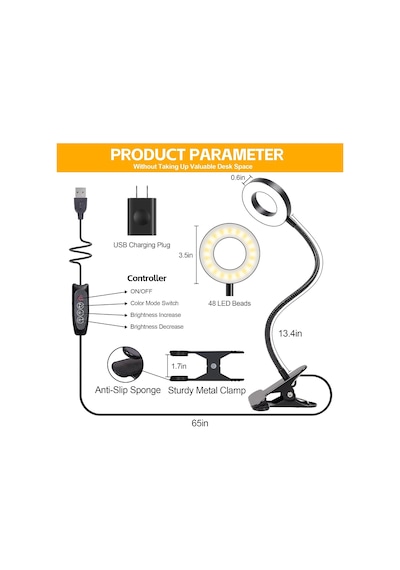 Adaptörlü Işık Üzerinde Masa Lambası Klipsi, Usb Şarj Bağlantı Noktalı 48 Led Okuma Lambası, 3 Renk Modu 10 P