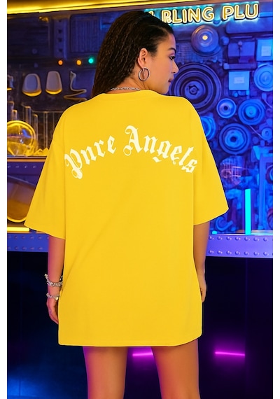 Oversize Pure Angels Baskılı T-shirt Sari