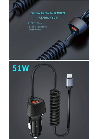Sundaree 51w Karbon Fiber Yaylı Şarj Kablolu 2 Girişli Type-c Ve Usb Hızlı Ce Lisanslı Sertifkalı inal Sağlam Araç Şarjı Siyah Sundaree 51w Karbon Fiber Yaylı Şarj Kablolu 2 Girişli Type-c Ve Usb Hızlı Ce Lisanslı Sertifkalı inal Sağlam Araç Şarjı Siyah