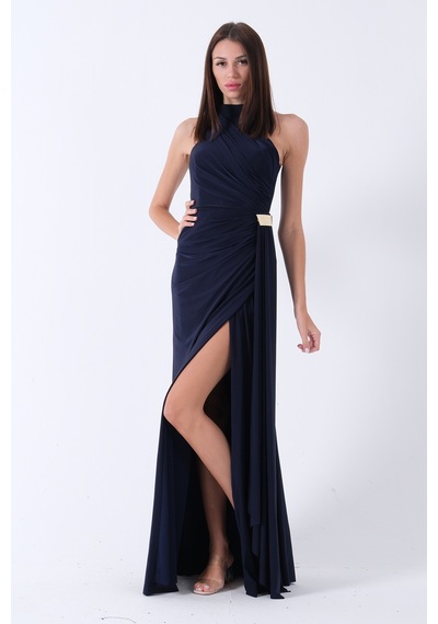 Feminist Lacivert Halter Yaka Drapeli Beli Gold Toka Detaylı Straplez Abiye 9705862
