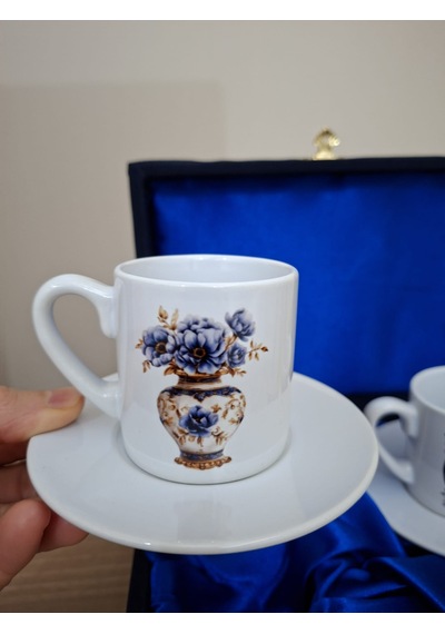 Mavi Tavuskuşu Ve Çiçek Baskı Özel Kadife Kutu Hediyelik 90 Ml Hacim Türk Kahve Fincanı Beyaz