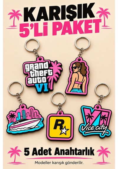 Kazanova Design Gta Vı Anahtarlık 5'li Paket Karışık Model Grand Theft Auto Oyuncu Hediyelik Çanta Süsü