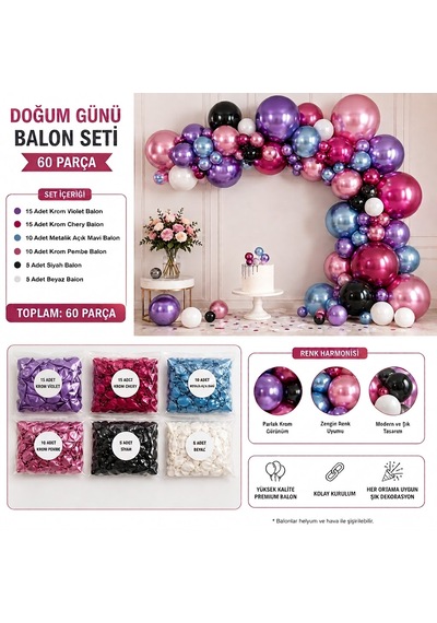 Doğun Günü Balon Zinciri Seti 60 Parça Çok  Renkli