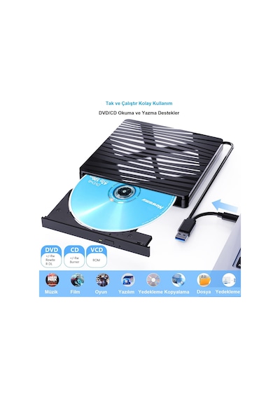 Upway Dvd Rw Usb 3 0 Type C Slim Harici Cd Dvd Yazıcı Okuyucu Apple Uyumlu MacBook İmac Windows11