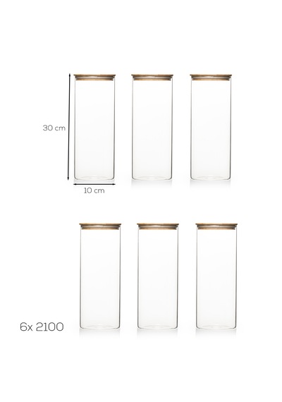Porsima 4-3 Bambu Vakumlu Kapaklı Yuvarlak Borosilikat Cam 6lı Kavanoz Seti Saklama Kabı 2100ml 10x30cm Cam - Şeffaf