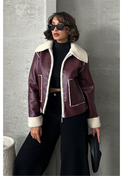 Verymoda Lamine Deri Fermuarlı F1511 Bordo Krem