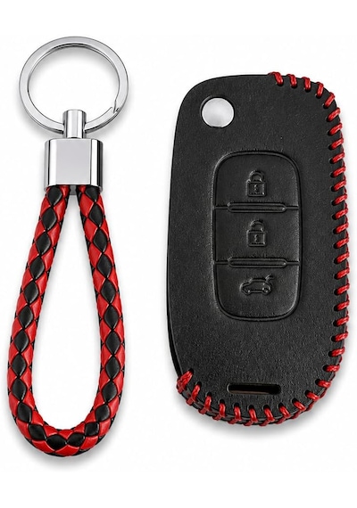 Autohan Keys Renault Megane 4, Clio 5, Captur İçin, Deri Anahtar Kılıfı, 3 Butonlu, Siyah-kırmızı Örgülü, Anahtarlık Dahil