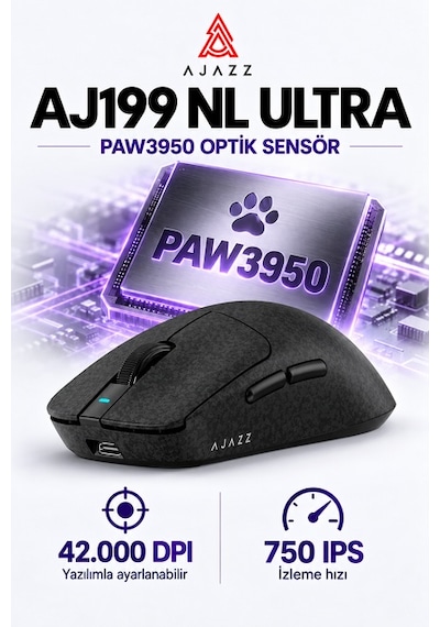 Ajazz Aj199 Nl Ultra Paw3950 8000 Hz Kablosuz Oyuncu Mouse Siyah