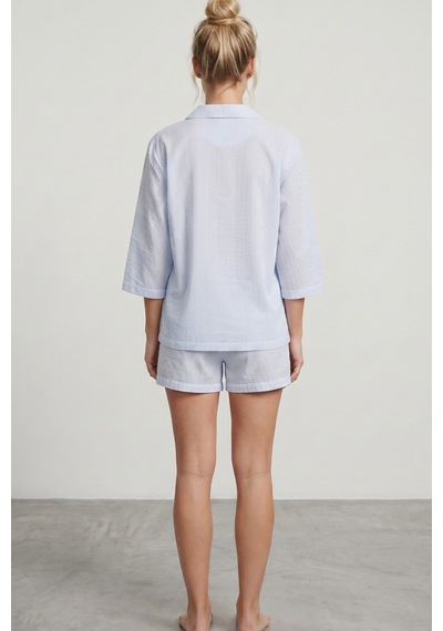 Siyah İnci Düğmeli İnce Soft Örme Şortlu Pijama Takımı 8054 mavi