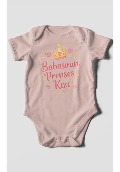 Morivokids Babasının Prenses Kızı Kısa Kollu Bebek Body %100 Pamuk Pastel Pembe