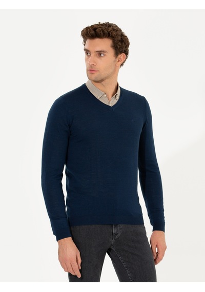 Cacharel Lacivert Slim Fit V Yaka Basic Triko Kazak