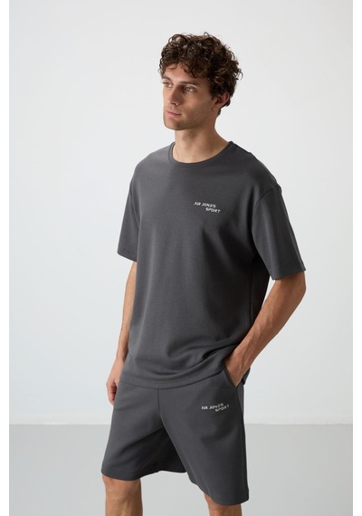 Haki Pamuklu Kalın Yumuşak Dokulu Oversize Fit Nakışlı Erkek Şort Takım - 85250