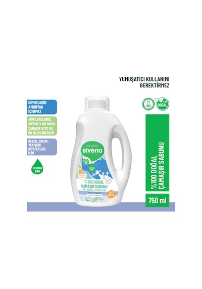 Siveno %100 Doğal Çamaşır Sabunu %100 Bitkisel Deterjan Kendinden Yumuşatıcılı Konsantre Vegan 750 ML