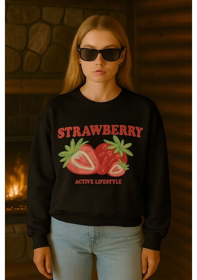 Benroma 3 İplik Penye Strawberry Baskılı Unisex Sweatshırt SIYAH