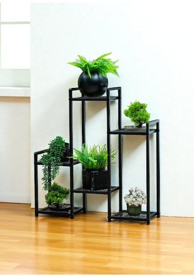 Dekoratif Metal 6 Raflı Saksılık Katlı Dikey Saksı Standı Çiçeklik Bahçe Ve Balkon Dekoru Garden Siyah