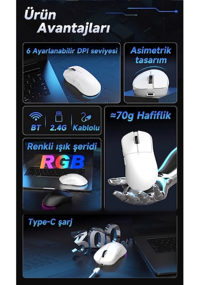 Nj08 Mc Kablosuz 3 Modlu Rgb Oyuncu Mouse 24.000 Dpı Paw 3311 Sensör Diğer