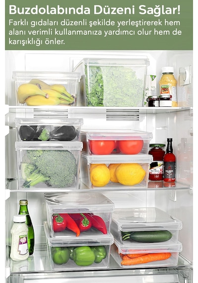 9'lu Kapaklı Buzdolabı Düzenleyici Set - Meyve Sebze Saklama Kabı Dolap İçi Organizer 3x 4-6-8 Lt Şeffaf