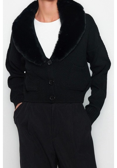 Frm Kadın Moda Şık Crop V Yaka Regular Crop Kürk Detaylı Triko Hırka Siyah