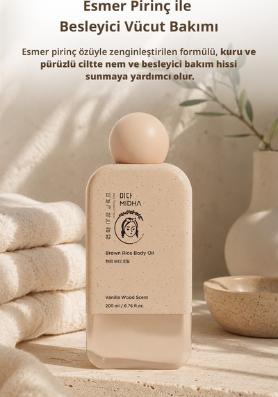Midha Brown Rice Esmer Pirinç Özlü Besleyici ve Nemlendirici Vücut Yağı 200 ML