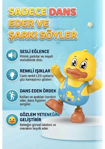 Dans Eden Şarkı Söyleyen Haraketli Elli Ve Ayaklı 17 Cm Işıklı Sesli Eğitici Öğretici Oyuncak Ördek