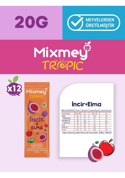 Muz + İncir Karma Meyve Barı 24 Adet Atıştırmalıklar Vegan, Glutensiz 20gr X 24 Adet