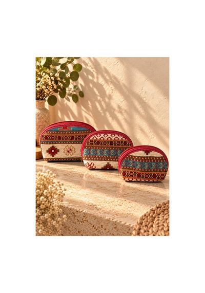 Badufa Home Etnik Kilim Desenli Fermuarlı El Askılı Makyaj Ve Organizer Çantası-3farklı Boy Pembe-bej Pembe-bej