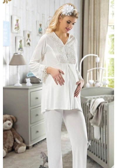 Hubrendy Beru Ekru Hamile Lohusa Pijama Takımı - 1604