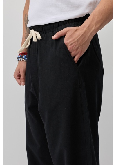 Vamos Bağcıklı Baggy Fit Keten Pantolon Siyah