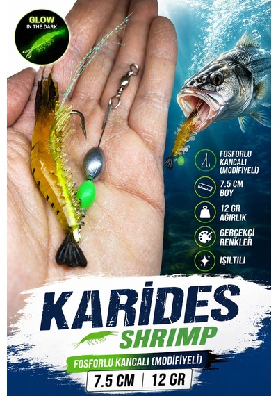 Karides Shrimp Silikon Balık Yemi Fosforlu Kancalı Modifiyeli 7.5 Cm 12 Gr