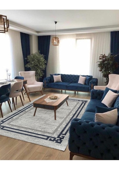 4216 Krem - Gri - Mavi Akrilik Dokuma Halı Yumuşak Salon Oturma Odası Halısı