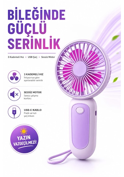 Bilek Askılı Şarjlı Taşınabilir El Fanı Mini Vantilatör Mor