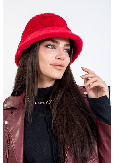 Ladycolor Tavşan Tüyü Peluş Bucket Kova Moda Kadın Kışlık Şapka Kırmızı