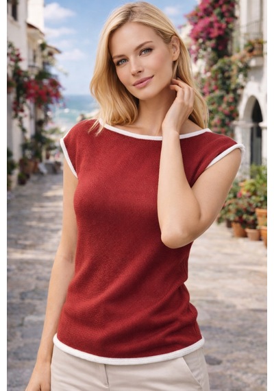 Aqefashion Kadın Kayık Yaka Sosis Yaka Yarasa Kol Beyaz Detaylı Modern Basic Özel Tasarım Bordo Triko Bluz