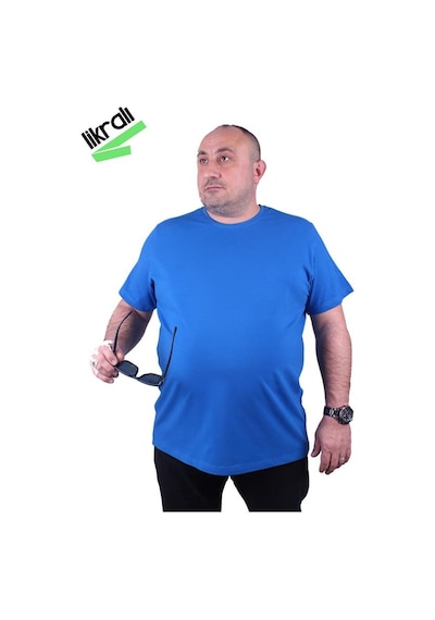 Starbattal Erkek Büyük Beden Likralı Basic Sıfır Yaka Tişört 11160 Saks-Saks Çok Renkli