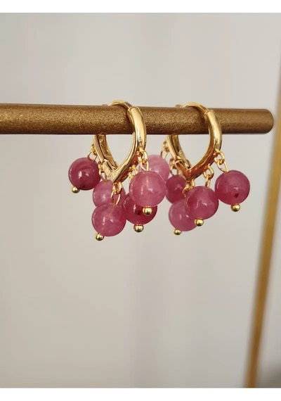 Çilek Kuvars Taşı Altın Kaplama Salkım Küpe Pembe